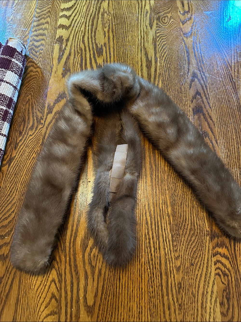 Vintage Mid Century Genuine Mink Fur Scarf and Hair accessory Set. Brown